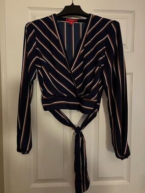 GUESS Navy Striped Wrap Tie-Front Blouse